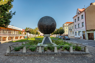 Image showing Unusual monument in the form of a metal ball with embossed pictures. Litomysl, Czech Republic