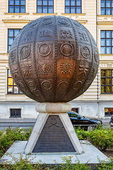 Image showing Unusual monument in the form of a metal ball with embossed pictures. Litomysl, Czech Republic