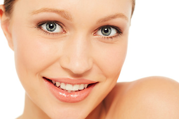 Image showing Skincare, spa and portrait of woman on a white background for wellness, cosmetics and facial. Dermatology, salon and isolated face of person with natural, healthy skin and beauty aesthetic in studio