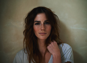 Image showing Health, hair care and portrait of woman in studio with natural, salon or cosmetic treatment. Beauty, wellness and young female person with salon hairstyle routine isolated by brown background.