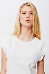 Image showing Portrait, kiss or woman with skincare, cosmetics and dermatology results on white background. Face, female person or confident model with mockup, shine and glow with wellness or aesthetic in studio