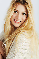 Image showing Fashion, portrait and smile with natural woman closeup in studio on white background for wellness. Face, beauty or aesthetic and happy young blonde model looking satisfied with cosmetic routine