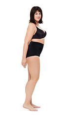 Image showing Portrait, beauty and plus size woman in underwear in studio isolated on a white background mockup space. Confident person, natural model and body positivity, self acceptance and healthy young lady