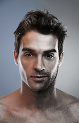 Image showing Man, shave and half face of beard for hair removal improvement in studio for wellness, comparison or grey background. Male person, portrait and confident in for cleaning, transformation or mockup