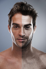 Image showing Man, shave and face or beard comparison for hair removal or improvement in studio for wellness, half or grey background. Male person, portrait and confident for cleaning, transformation or mockup