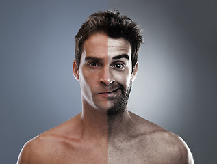 Image showing Man, beard and half face for hair removal improvement in studio for wellness, comparison or grey background. Male person, portrait and confident for shaving cleaning, transformation or mockup space