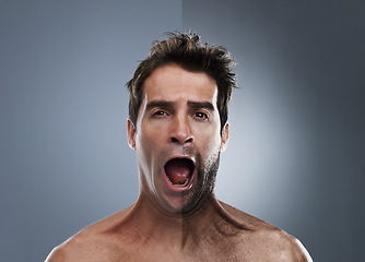 Image showing Man, shave and face or beard comparison for hair removal or improvement in studio for wellness, half or grey background. person, portrait and surprise for cleaning, transformation and shocked