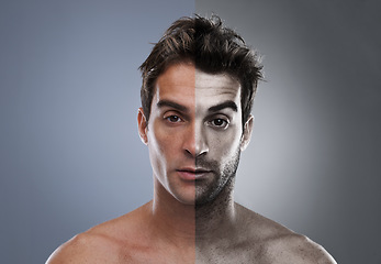 Image showing Man, beard and half face for hair removal improvement in studio for wellness, comparison or grey background. Male person, portrait and self care for before and after, transformation or mockup space