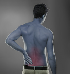 Image showing Man, back pain and injury of fitness in studio, medical problem and muscle tension or sore of training. Model, joint ache or spine with inflammation of sport accident or arthritis by grey background