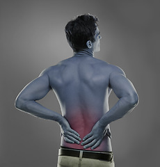 Image showing Back pain, injury crisis and studio man with medical emergency, sore spine or fibromyalgia. Backache, red glow and person massage joint ache, inflammation or bad muscle strain on grey background