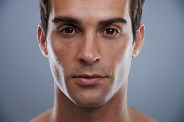 Image showing Portrait, skincare and man with dermatology, wellness and confident guy on grey studio background. Face, person and model with beauty and grooming with routine and cosmetics with glow and aesthetic