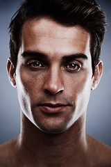 Image showing Portrait, skincare and man with cosmetics, dermatology and grooming on grey studio background. Person, guy or model with routine or treatment with wellness or shine with beauty, glowing or confident