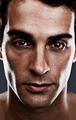 Image showing Portrait, skincare or man with cosmetics, treatment or grooming on grey studio background. Person, facial or model with routine or confident with beauty or shine with beauty, glowing or dermatology