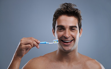 Image showing Portrait, man or wellness with toothbrush, oral hygiene or body care on grey studio background. Face, person or model with fresh breath or health with toothpaste or morning routine with dental smile