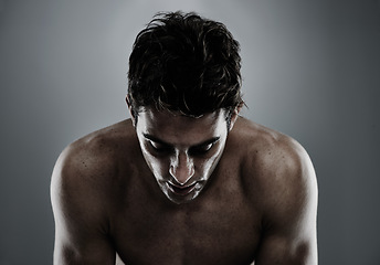 Image showing Thinking, skincare and man with cosmetics, dermatology and wellness on a grey studio background. Person, thoughts and model with grooming and morning routine with healthy skin and beauty with shine