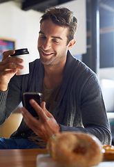 Image showing Phone, smile and man with coffee at restaurant networking on social media, mobile app or internet. Happy, cappuccino and young male person scroll on website with cellphone with caffeine latte at cafe