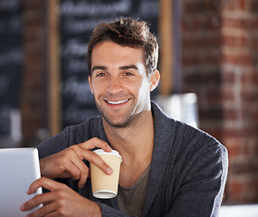 Image showing Smile, coffee and portrait of man in a cafe with tablet for networking on social media or internet. Happy, cappuccino and young male person with digital technology for research in restaurant.