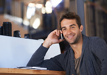 Image showing Phone call, smile and portrait of man in coffee shop for deal, partnership or work communication. Happy, talking and young male person on mobile conversation with cellphone for career in cafe.