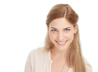 Image showing Beauty, portrait and happy woman in studio for hair, treatment or shampoo results on white background. Haircare, smile and face of female model with texture, growth or color, cosmetic or satisfaction