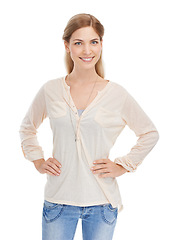 Image showing Fashion, portrait and happy woman in studio with casual, clothes or confidence on white background space. Fashionable, face and female model smile in comfortable style, cool or trendy outfit choice