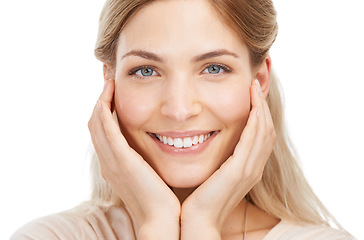 Image showing Smile, skincare and happy woman with hands on face in studio for cosmetic, treatment or shine on white background. Beauty, portrait and female model with wellness, dermatology or glowing skin results