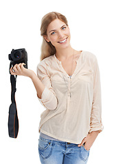 Image showing Portrait, photographer and happy woman with camera in studio isolated on a white background. Creative person, paparazzi and dslr lens technology for hobby, taking pictures or professional photoshoot