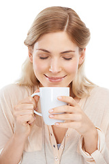 Image showing Relax, smile and woman with coffee in studio for break, aroma or peaceful moment on white background. Tea, face and happy female model with hot drink for comfort, scent or caffeine satisfaction