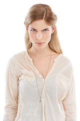 Image showing Portrait, angry and woman in studio frustrated, annoyed or posing with bad mood on white background. Problem, conflict and face of female model with emoji expression for tantrum, rage or aggression