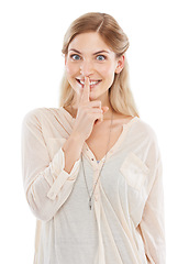 Image showing Secret, excited or portrait of happy woman with finger on lips in studio, white background for privacy. Mouth, smile or shush for quiet silence, gossip and whisper sign for confidential mystery news