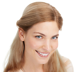 Image showing Makeup, portrait and happy woman in studio for natural beauty, wellness or cosmetics on white background. Smile, face and lady model with glowing skin, dermatology or shine, treatment or satisfaction