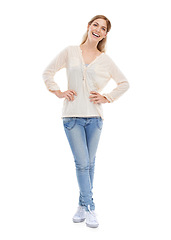 Image showing Happy, fashion and portrait of woman in studio with casual, clothes or confidence on white background space. Fashionable, style or female model smile in comfortable, cool or trendy boho outfit choice