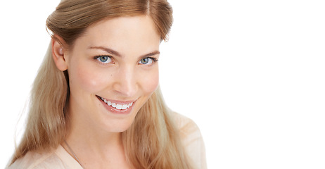 Image showing Portrait, makeup and happy woman on studio mockup for natural beauty, wellness or cosmetics on white background. Smile, face and lady model with glowing skin, dermatology or treatment satisfaction