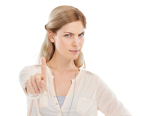 Image showing Stop, no finger and portrait of angry woman in studio with warning, threat or sign for boundaries on white background. Wait, face or female model with protest hand emoji for limits, order or security