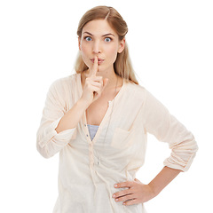 Image showing Gossip, portrait and woman with finger on lips in studio for whisper, noise, or stop on white background. Face, hands or female model with emoji sign for confidential, secret or private, hush or news