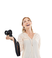 Image showing Thinking, photographer and happy woman with camera in studio isolated on a white background mockup space. Creative person, paparazzi and technology for hobby, taking pictures or professional shoot