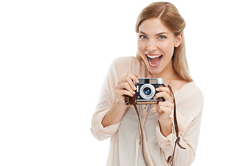 Image showing Portrait, photographer and excited woman with camera in studio isolated on a white background mockup. Face, paparazzi and retro technology for hobby, take pictures or creative professional photoshoot