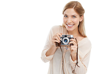 Image showing Happy woman, portrait and camera in studio for photography, photoshoot or memory on white background. Lens, equipment and face of female photographer with creative, hobby for artistic expression