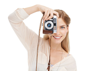 Image showing Portrait, happy woman and camera in studio for photography, photoshoot or memory on white background. Lens, equipment and face of female photographer with creative, hobby for artistic expression