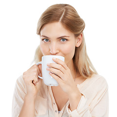 Image showing Portrait, drinking coffee and woman with cup in studio isolated on a white background. Face, tea mug and young person or girl with hot healthy beverage, latte or espresso for breakfast in the morning