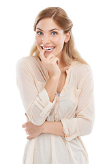 Image showing Nervous, biting nails or portrait of excited woman in studio with suspense for results, review or outcome on white background. Omg, face or lady model with hand gesture for hope, optimism or waiting