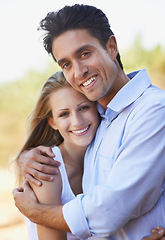Image showing Smile, love and portrait of couple hug for support, romantic care and security with marriage partner. Embrace, wellness and face of outdoor man, woman or people happy for relationship commitment