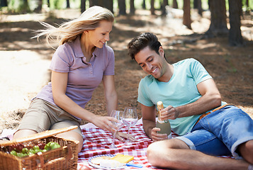 Image showing Couple, picnic and champagne in nature with love, romantic celebration and summer date on valentines day. Young people with food, fruits and bottle with wine glasses in woods or forest on anniversary