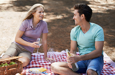 Image showing Couple, picnic and wine glass in nature with love, celebration and summer date or romance for valentines day. Young people with food, fruits and bottle of champagne in woods or forest on anniversary