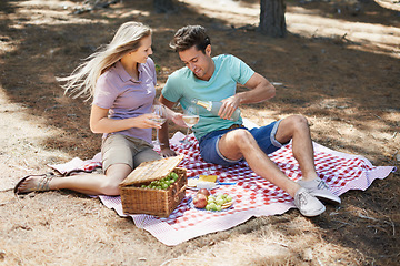 Image showing Couple, wine glass and picnic outdoor in nature or park for celebration of love, holiday date and valentines day. Young people with fruits basket, drinks or champagne bottle in forest on anniversary