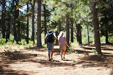 Image showing Couple of friends walking, hiking in nature and travel fitness, adventure or cardio in forest with wellness. Back of people trekking with backpack on path, eco friendly and carbon footprint journey