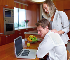 Image showing Couple, laptop and home with email, online information and social network scroll with a smile. Marriage, computer and tech with web research, support and love together on the internet in a house
