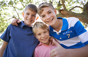Image showing Friends, brothers and hugging in outdoor portrait, children and care in childhood or smiling. Happy siblings, embrace and satisfaction for fun adventure, love and relaxing on vacation or holiday