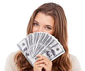 Image showing Portrait, dollars and studio woman with money, credit or bills for financial freedom, savings budget or salary income. Finance success, competition prize and face of cash winner on white background