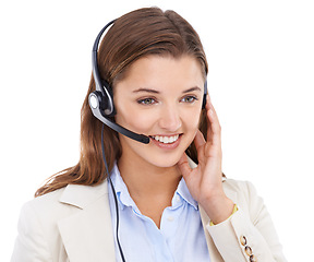 Image showing Customer service, headset or face of happy woman on business communication, telemarketing or help desk advisory. Tech support studio, microphone or professional consultant talking on white background