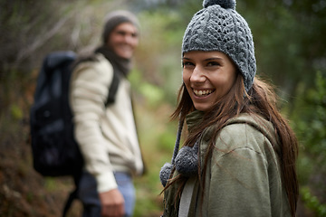 Image showing Nature portrait, happy woman or couple on hiking journey, travel adventure or mountain climbing walk. Woods, love or face of girlfriend, wife or partner trekking for morning exercise in Canada forest